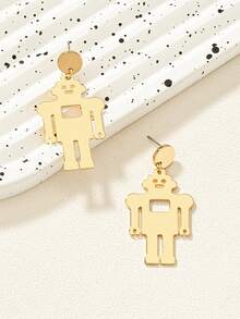 1对2026新款金色机器人卡通可爱镂空吊坠耳环，简约百搭光滑表面日常佩戴饰品 - 機器人耳環 - 查看 2