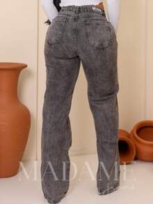 Women's High-Waisted Wide-Leg Jeans, Light-Colored Plain Denim, Premium - 石墨 - 查看 2