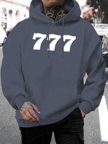 Men's New Style Personalized 777 Letter Print Casual Sweatshirt Fashion Drawstring Hoodie Autumn Winter Top Comfortable Versatile Long Sleeve Hooded Sweatshirt - Black - View 9