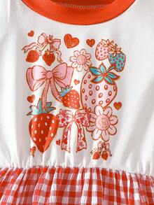 1pc Girls/Toddlers Casual Strawberry, Bow, Heart, Flower & Plaid Pattern Soft & Comfortable Knit Fabric Short Sleeve Dress, Suitable For Outdoor Wear, Spring/Summer - Multicolor - View 4