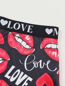 Dircho 1pc Women's Love-Themed Red Lip & Heart Print Low-Rise Boy Shorts, Soft Stretch Skin-Friendly Casual Underwear For Daily Wear - Multicolor - View 5