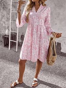 Teacher's Notched Neck Floral Dress - Flare Sleeve Modest For Homecoming & Vacations - Hồng - Xem 6