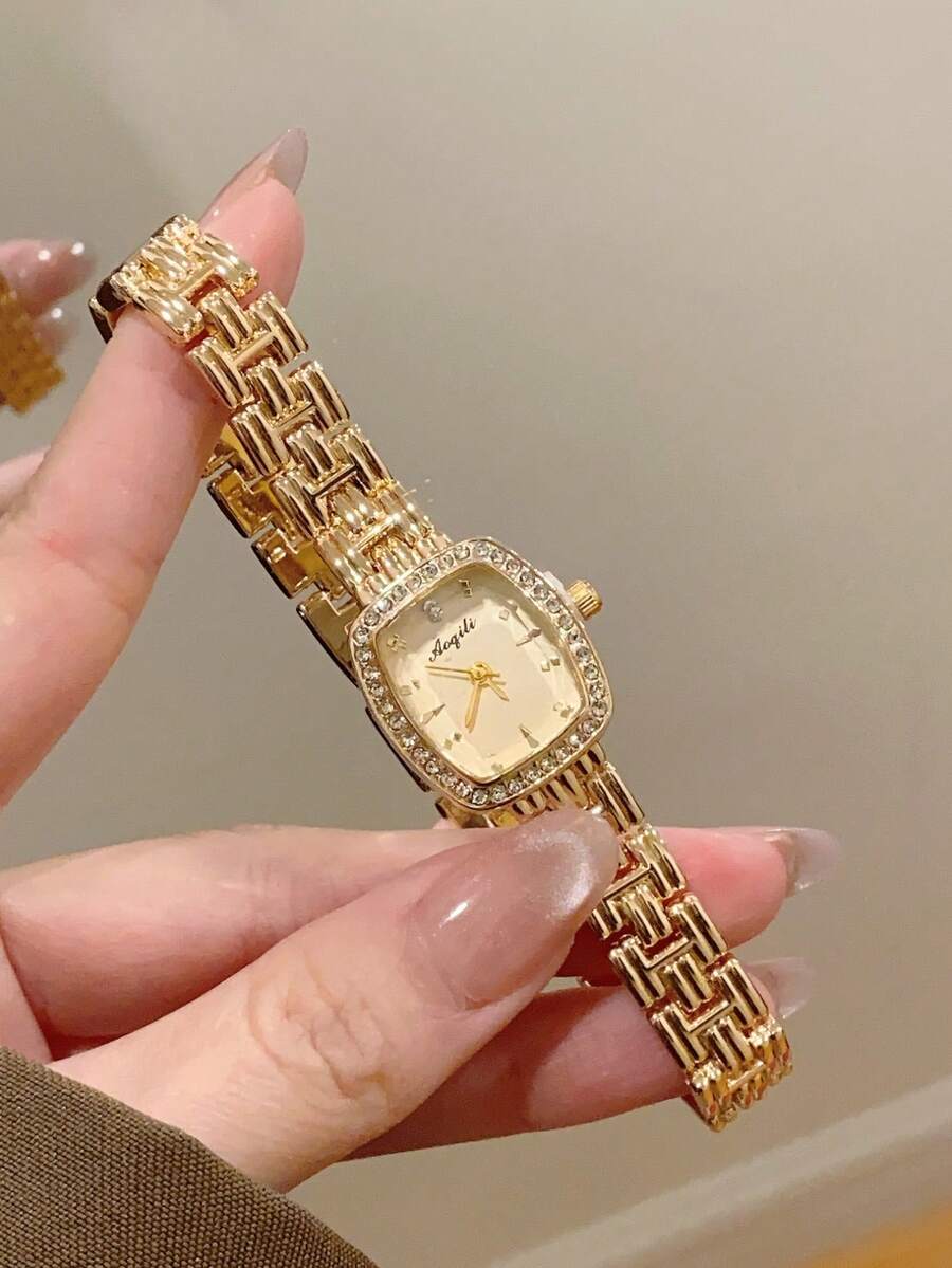 1 buah Jam Tangan Quartz Minimalis Wanita Warna Emas/Perak, Bertatahkan Rhinestone Baru, Cocok untuk Pemakaian Sehari-hari dan Dekorasi - Emas - View 1
