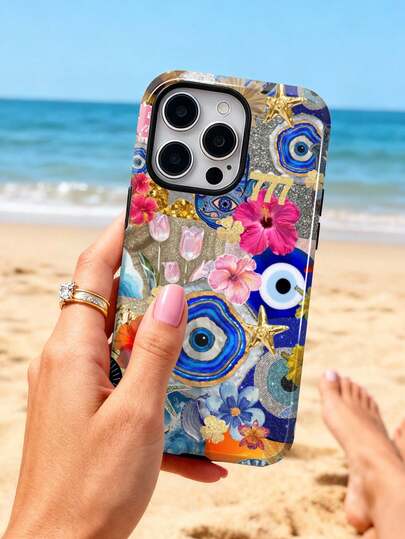 1pc Tropical Floral & Evil Eye Glitter Pattern Glossy 2-In-1 Phile Shell Full Coverage Hard Phone Case Compatible With Samsung/ 11/12/13/14/15/16/17 Pro Max