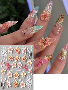 2片装5D立体盛开芙蓉花春季美甲贴纸，果冻压制花瓣，法式线条珠子美甲贴花，软雕婚礼美甲用品，DIY节日美甲装饰 - 彩色 - 查看 3