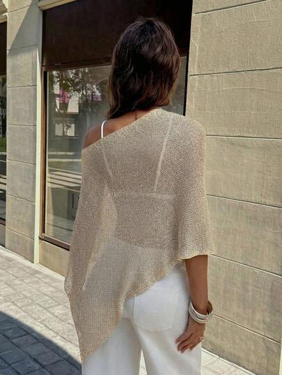 FOR BEAUTY Summer New Women's Ribbed Knit Shawl, Asymmetric Hem Shimmery Lightweight Breathable Fabric, Loose Fit Suitable For Various Figures, Beach Casual Top, Bohemian Style Summer Outfit