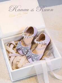 1 par de sandalias planas de estilo princesa con decoración de perlas y lazo de strass, cómodas y con estilo, adecuadas para fiesta, boda y verano - Morado - Ver 2