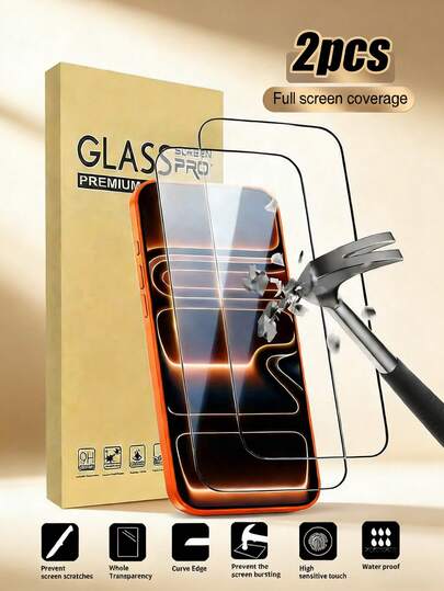 2pcs Compatible With IPhone 17 Pro Max/17 Air/16 Pro Max/16 Plus/16E/17E/15 Pro Max/14 Pro Max/13 Pro Max/13 Mini/12/11 Pro Max/X/XR/XS, Ultra-Clear Tempered Glass Screen Protector, Silk-Printed Black Edges, Anti-Scratch, Smooth Edges, Easy Installation, Phone Accessories