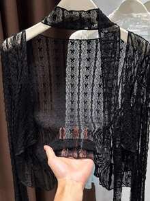 一件超仙女蕾丝防晒开衫，小巧百搭，刺绣网纱，独特设计，配有丝带和披肩 - 彩色 - 查看 4