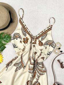 Women's Casual Vacation Bohemian V-Neck Strapless Backless Pleated Bird Print Maxi Dress, Suitable For Spring/Summer Beach Party Elegant - Multicolor - View 4