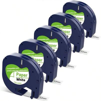 5 rollos de cinta de etiquetas de 12 mm compatible con la impresora de etiquetas DYMO Letratag, cinta 91330, cinta de etiquetas de papel blanco de 1/2" x 13 pies para DYMO Letra Tag 200B LT-100H 100T Plus