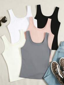 5 Pack Women's Sports Tank Tops, Sleeveless Workout Camisoles, Breathable Moisture Wicking Yoga Tops, Slim Fit Basic Layering Tank For Gym, Running, Daily Wear - 彩色 - 查看 1