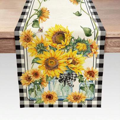 1PC Summer Black And White Buffalo Check Sunflower Table Runner, Seasonal Spring Holiday Home Kitchen Dining Table Party Decoration 33.02 X 182.88 Cm