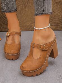 女款T型扣粗底高跟涼鞋，夏季女鞋，復古風適合日常穿著與度假，棕色鞋跟 - 褐色磨砂 - 查看 6
