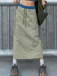 GILIPUR Y2K风格绿色休闲优雅女士抽绳中长裙，街头时尚口袋设计，春季款 - 綠色 - 查看 4