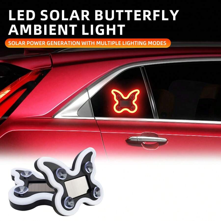 New Solar Powered Butterfly Atmosphere Light, Wireless LED Decorative Light, Triangle Rear Window Car Interior Atmosphere Light. Solar Powered Neon LED Light, Suitable For Car Rear Window, Wireless Atmosphere Decoration, Popular Solar Powered LED Window Butterfly Atmosphere Light, Solar Powered Car Interior Neon USB Decorative Light, 3.7V+300mAh Lithium Battery. New Solar Powered LED Atmosphere Light, Car Interior Decoration, Neon Decorative Light