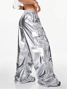 ¡RecomendadoSHENHE Y2k - Pantalones cargo metálicos para mujer, pierna ancha, holgados, hip hop, danza, rave¡Top de Temporada - Plateado - Ver 2