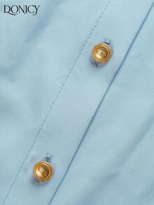 DONICY Áo sơ mi nữ tay ngắn màu xanh nhạt, chất liệu satin, cổ áo cài cúc vàng, đa năng, phù hợp cho cả công sở và thường ngày. - Màu xanh nhạt - Xem 5