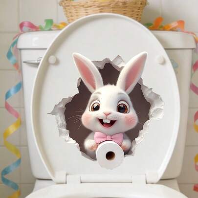 1/4 Set Cute Easter Bunny Toilet Stickers, Breakout Effect Bunny Holding Toilet Paper Decorative Stickers, Suitable For Bathroom Toilet Lid, Wall Decor, Waterproof Removable PVC Art Home Decor