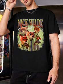 Disney Men's Casual T-Shirt, Zootopia Nick Wilde Collage Print, Retro Lightning Effect, Soft Fabric, Perfect For Cartoon Fans - 黑色 - 查看 1