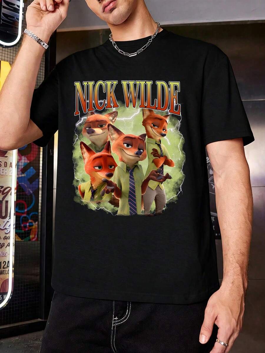 Disney Men's Casual T-Shirt, Zootopia Nick Wilde Collage Print, Retro Lightning Effect, Soft Fabric, Perfect For Cartoon Fans - 黑色 - 查看 1