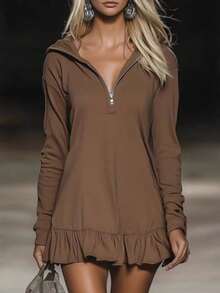 Vestido mini con capucha manga larga marrón holgado estilo casual y moderno con volantes - Café - Ver 1