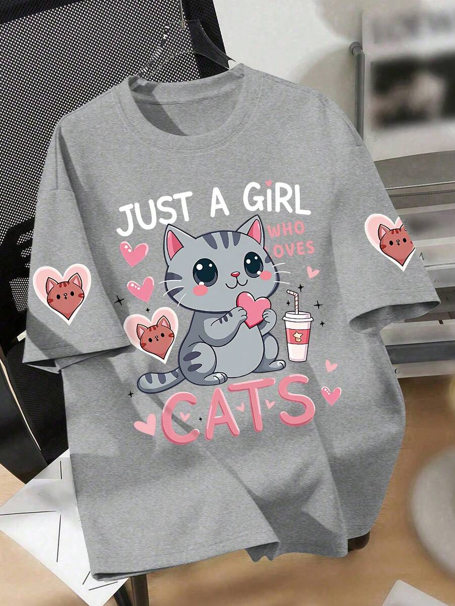 1 pièce T-shirt mignon pour filles avec imprimé chat, graphique en forme de cœur, tissu doux et confortable, porter décontracté pour l'extérieur - Gris - Voir 1