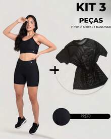 Women's 3-Piece Fitness Kit - Women's Gym Set With Tulle T-Shirt + Padded Top + Premium Spandex Shorts - 黑色 - 查看 1