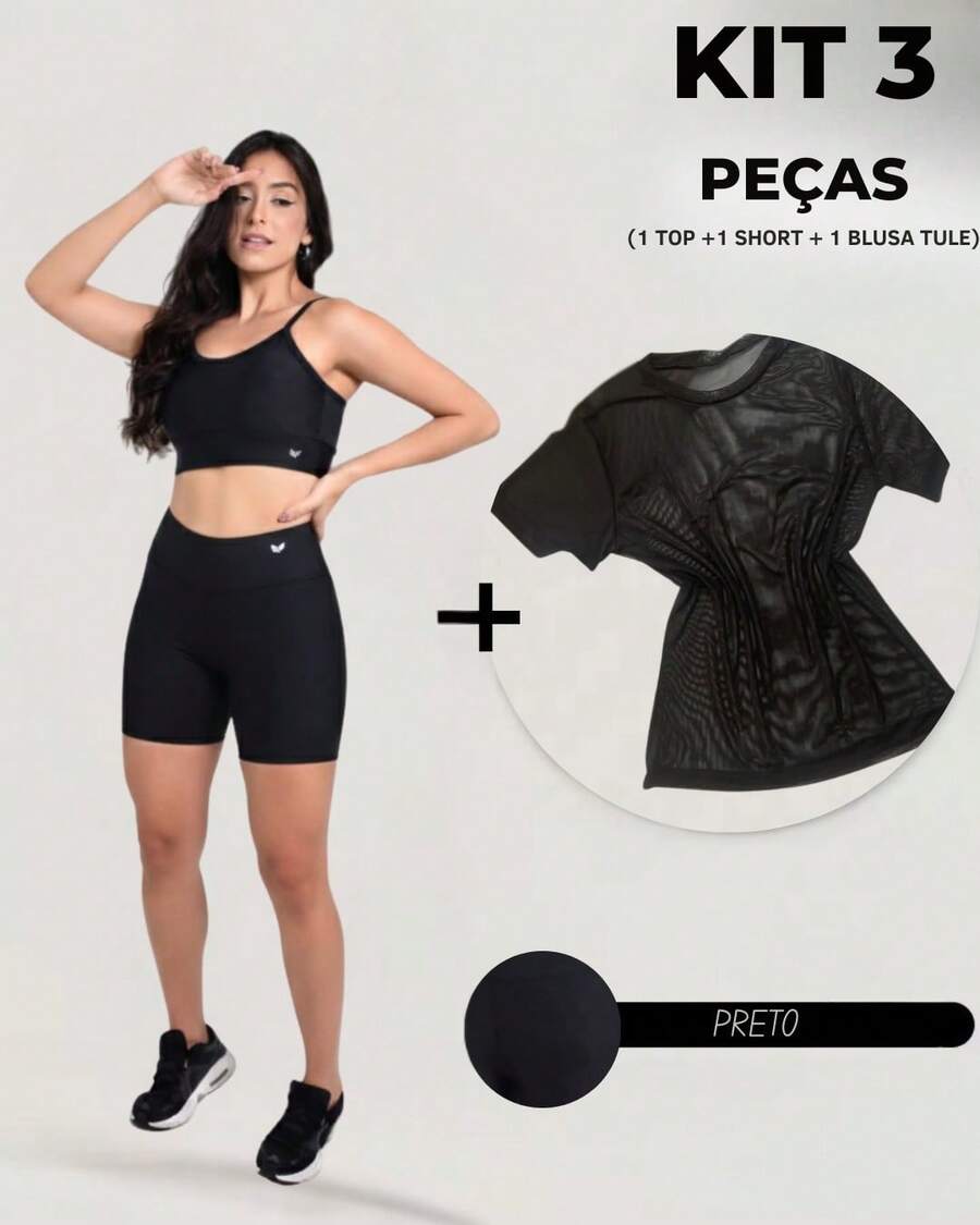 Women's 3-Piece Fitness Kit - Women's Gym Set With Tulle T-Shirt + Padded Top + Premium Spandex Shorts - 黑色 - 查看 1