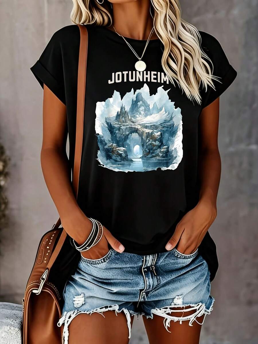 1 Pcs Frozen Jotunheim Mountain Peaks Norse Mythology Fantasy Landscape Women's Plus Size T-Shirt Novelty 100% Polyester Shirt Casual Crew Neck Top 220g Oversized Graphic Short Sleeve Tee - 黑色 - 查看 1
