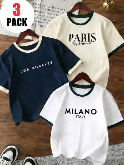 儿童男童三件装城市巴黎洛杉矶米兰字母印花撞色领宽松圆领休闲日常夏季短袖T恤套装