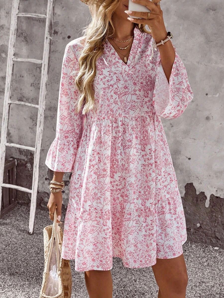 Teacher's Notched Neck Floral Dress - Flare Sleeve Modest For Homecoming & Vacations - Hồng - Xem 1