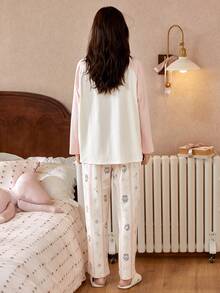 2pcs Disney Marie Cat Print Cotton Long Sleeve Pajama Set For Women, Spring/Autumn - Pink - View 3