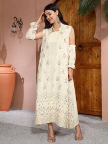 2026新款斋月传统优雅刺绣串珠连衣裙套装，包括长袍、内衬连衣裙和袖套，时尚高贵。 - 杏色 - 查看 6