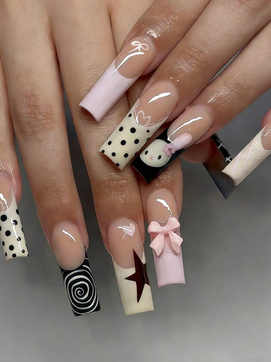 Upgrade Your Look With Y2K Style! Instantly Upgrade Your Look With 24 Pieces Of Rectangular Press-On Fake Gel Nails, Featuring A Fashionable And Sweet Rococo-Style 3D Light Pink Floral And Bow Design With A Wide Edge, As Well As A Black And White Contrast Swirl And Polka Dot Pattern. - Multicolor - View 1