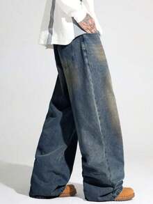 1pc Casual Loose Fit Straight Leg Jeans, Unisex Couple Style - Dusty Blue - View 7