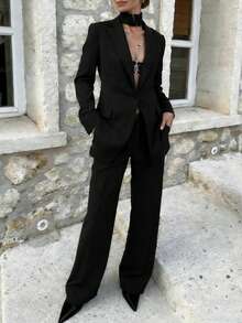 Women's Elegant Black Casual Loose Blazer Jacket And Straight Leg Pants 2 Pieces Suit Set Spring - Black - View 5