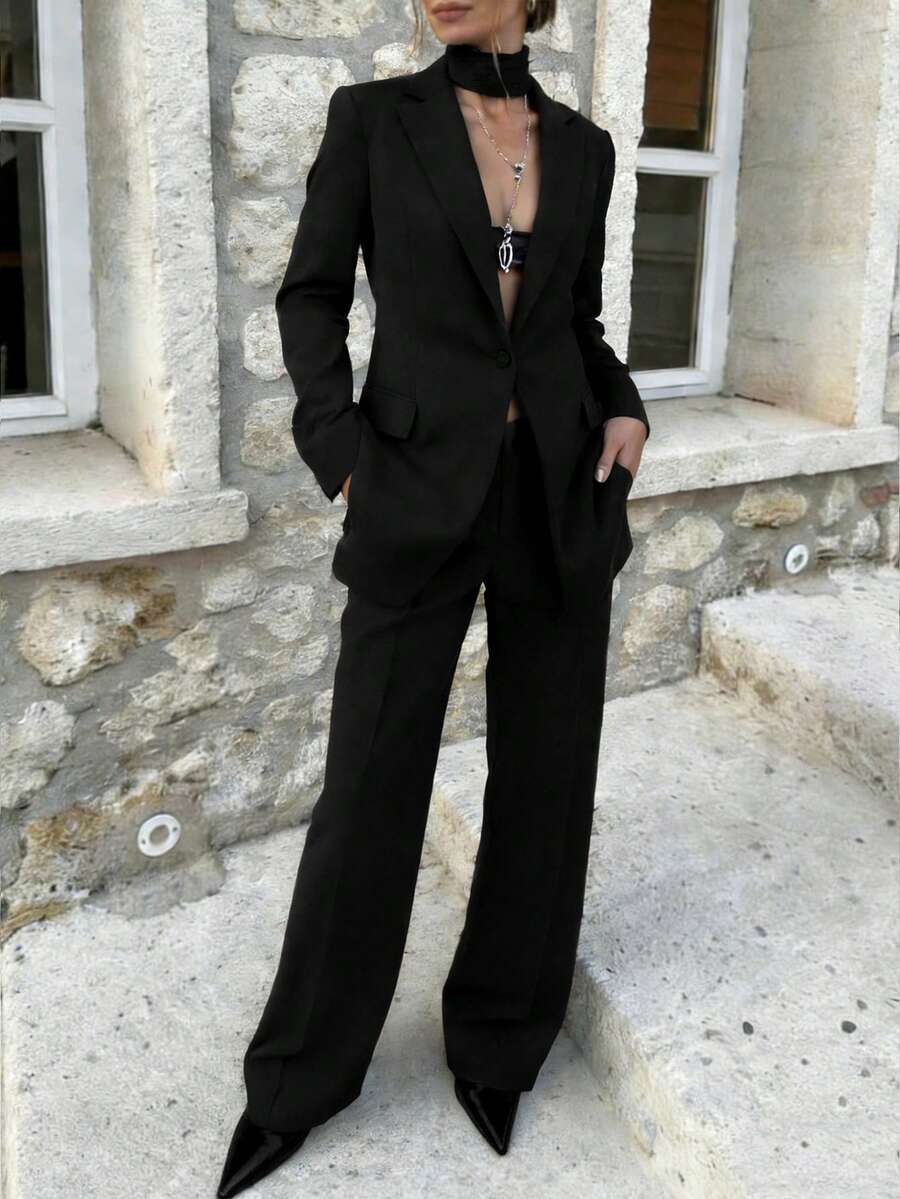 Women's Elegant Black Casual Loose Blazer Jacket And Straight Leg Pants 2 Pieces Suit Set Spring - Black - View 1