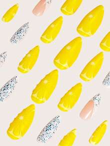 24片杏仁形亚克力美甲贴纸，包含可爱橘子片、经典裸色法式、优雅蓝绿白花卉图案，全覆盖假指甲套装，含1张胶水和1个迷你指甲锉，随机发货 - 彩色 - 查看 4