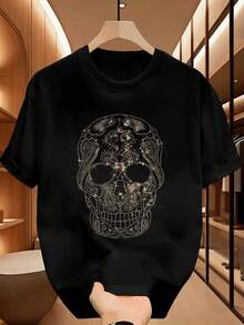 Black T-Shirt With Skull And Rhinestone Motif, Premium Material, Crew Neck, Comfortable Fit, Casual - Black - View 2
