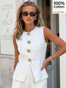 Áo nữ không tay tối giản thanh lịch màu trắng, cài cúc phía trước, chi tiết kim loại, cổ tròn, 100% cotton, thích hợp mặc đi làm hàng ngày vào mùa hè. - trắng - Xem 1