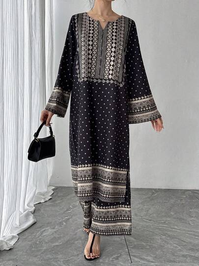 2pcs Set: Black Polka Dot Geometric Print V-Neck Long Sleeve Maxi Dress + Geometric Print Elastic Waist Wide Leg Pants Elegant Ladies Suit, Luxury Green Formal Evening Gown, Perfect Gift For Mom, Daughter, Friend For Holiday, Party, Daily Wear