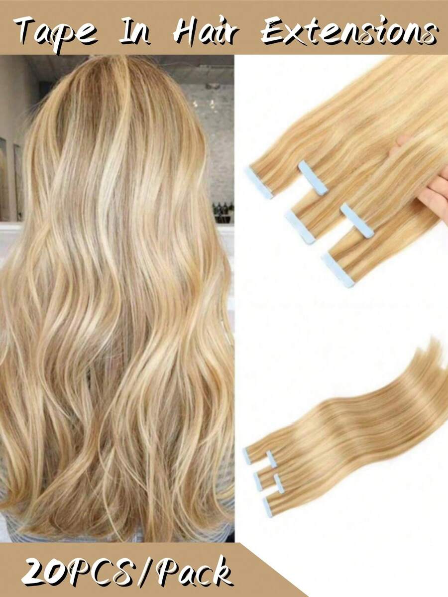 [20 Pieces/Pack/50 G, 40-66 Cm, Ash Blonde Mix/Light Blonde 18P613# Real Hair Extensions] Tape-In Remy Human Hair Extensions, Straight, With Invisible Adhesive Strips. Suitable For Women For Everyday Wear. - S18/613 - 查看 1