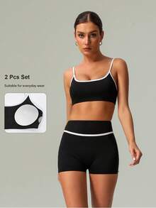 2 piezas Conjunto de sujetador deportivo y shorts para yoga y running de mujer, primavera/verano - Negro - Ver 1
