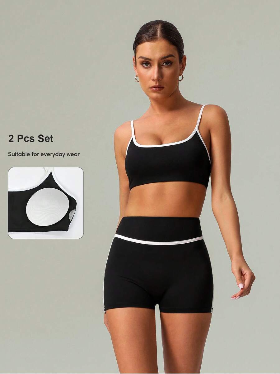 2 piezas Conjunto de sujetador deportivo y shorts para yoga y running de mujer, primavera/verano - Negro - Ver 1