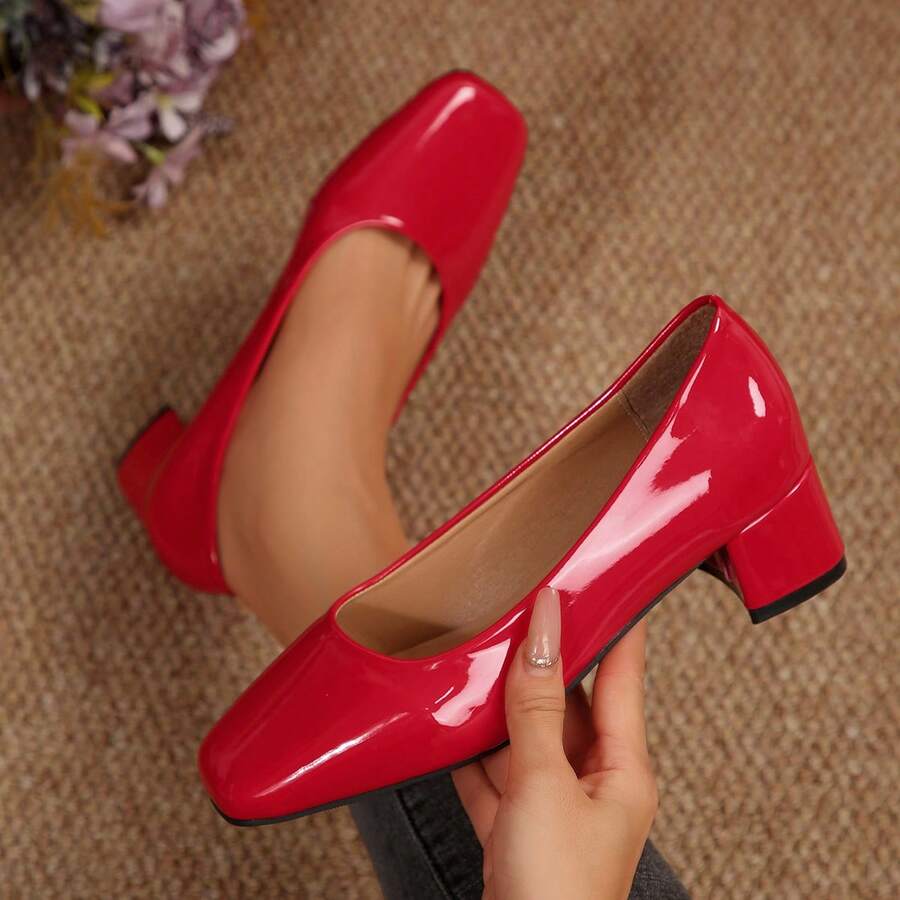Women's High Heels, Women's Shoes, All-Season Shoes, Women's Work Shoes, Chunky Heel, Square Toe Design, Comfortable, Easy To Care For, Suitable For Weddings, Dances, Parties, And Everyday Outings, Shipped From Local Warehouse. - 紅色 - 查看 1