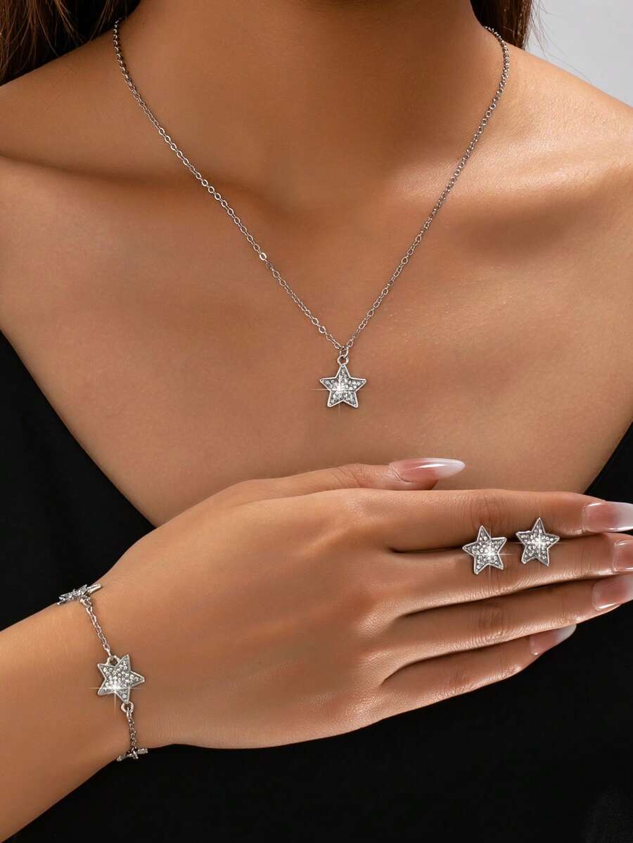 Bộ 4 món đính đá hình ngôi sao hình học lấp lánh, gồm dây chuyền, vòng tay và bông tai, thích hợp cho phụ nữ mặc hàng ngày và dự tiệc. - Bộ 4 món Star - Xem 1