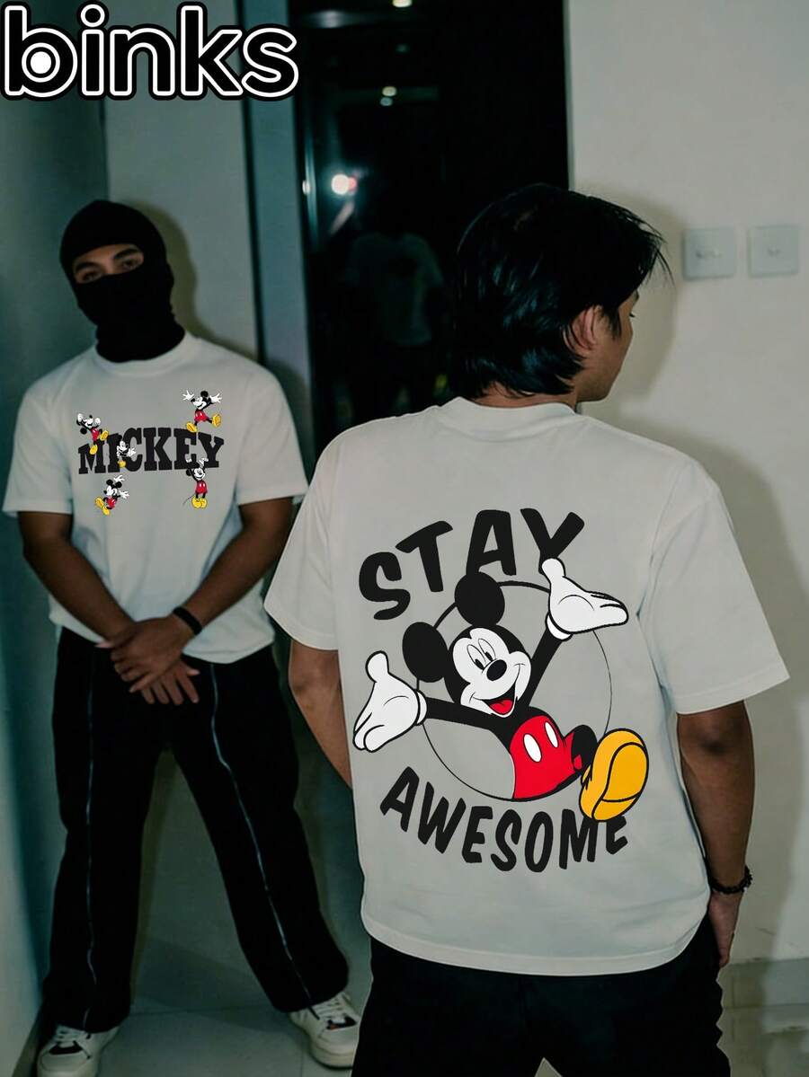 Disney Binks (Double-Sided Printing): Mickey Mouse, Minnie Mouse Elements Cartoon Printed Short Sleeved T-Shirt, High Street  Brand Loose Short Sleeved T-Shirt. Spring And Summer Fashionable Versatile Top, Holiday Gift, Vintage Print. - White - View 1