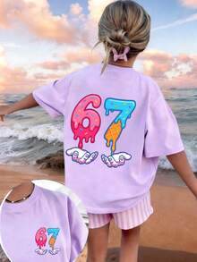 少女款“67”冰淇淋卡通印花T恤，时尚夏季女童上衣 - 淡紫色 - 查看 4