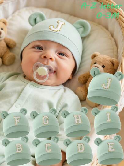 1pc Cartoon Bear Ear Newborn Baby Hat, 26 Letters, Soft Unisex Baby Cap, Solid Color, Baby Photography, 0-3 Months
